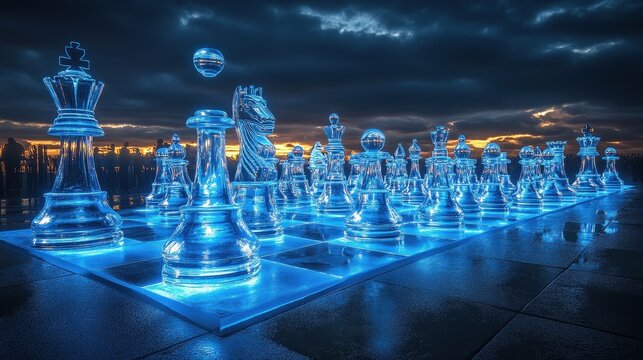 Illuminated chess game display urban park digital art twilight ground level strategy and competition
