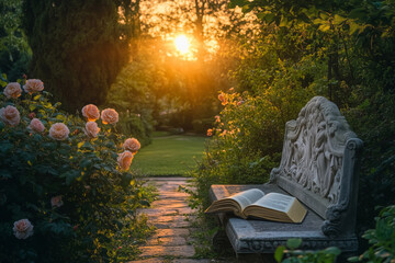 Secret garden reading nook with stone bench invites tranquil moments at sunset
