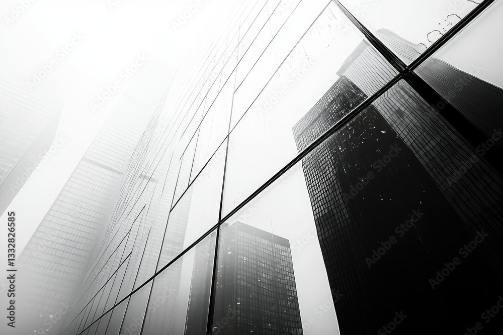 Aufkleber modern skyscrapers reflected in a glass building on a foggy day, creating an abstract urban landscap