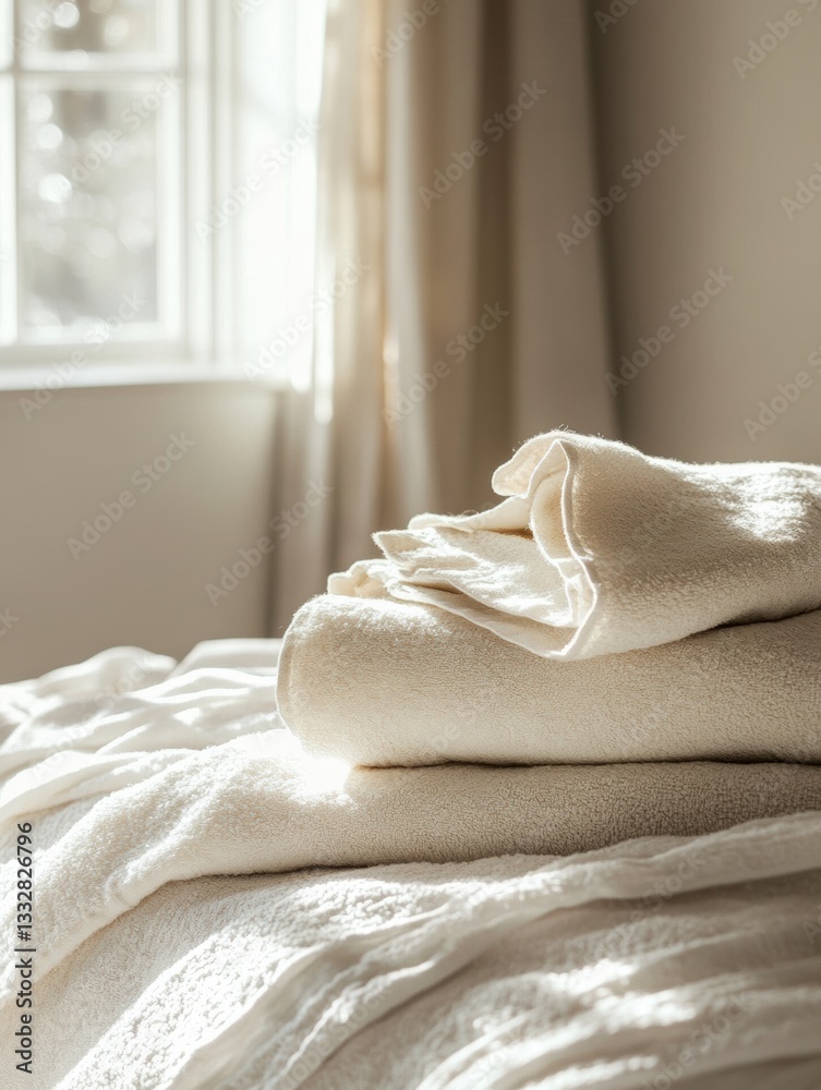 Aufkleber soft light illuminates freshly washed towels and linens in a cozy bedroom filled with warmth and a s