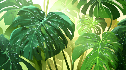 Clean and Refreshing Wet Monstera Deliciosa Plant Leaves in a Garden