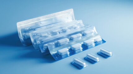 Capsules and tablet packaging on blue background, banner style for medical theme