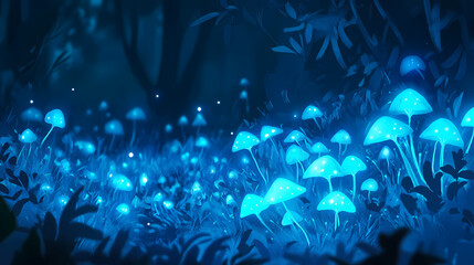 The glowing bioluminescent fungi on a forest floor, underground world, glowing fungi. Bioluminescent Fungi. Illustration