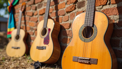 Obraz premium Vintage Mexican guitars resting against a rustic wall during a Cinco de Mayo gathering, close-up view