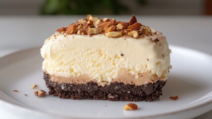 Layered Ice Cream Dessert with Chocolate Crust and Almonds