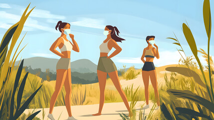 Professional Women Wearing Face Masks Doing Exercise in Beautiful Landscape