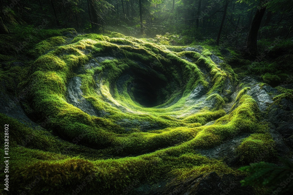 Aufkleber moss-covered stone formation creates a mesmerizing swirling pattern around a dark hole in a forest.