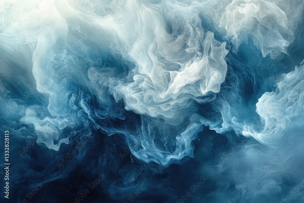 Poster abstract art depicting swirling, ethereal clouds of blue and white, creating a dreamy, serene atmosp