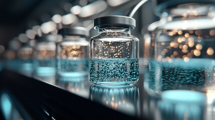 A 3D rendering depicts a pharmaceutical manufacturing setting featuring glass bottles filled with clear liquid moving along an automated conveyor line for COVID-19 mRNA vaccine production