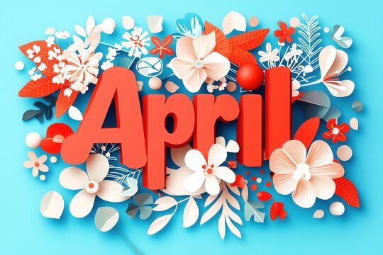 A vibrant and colorful arrangement showcases the word April surrounded by various flowers and leaves. The background is a soft blue, enhancing the cheerful springtime aesthetic.