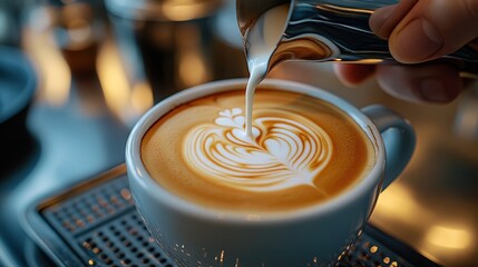 Barista skillfully pours intricate latte art at cozy culinary delight indoor  close-up of coffee culture in vibrant atmosphere