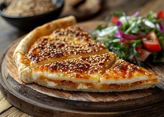  Golden Sesame-Topped Pastry with Melted Cheese and Fresh Salad
