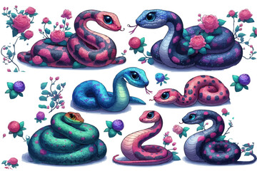 Obraz premium Decorative collection of multicolored fantasy snakes with floral elements - vector set of magic earthwaters for design