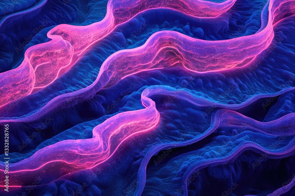 Aufkleber abstract digital art showcasing vibrant pink and blue glowing waves, creating a mesmerizing and surr