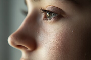 Fototapeta premium Close-up of a young woman's eye and nose, highlighting her skin texture and eyelashes.