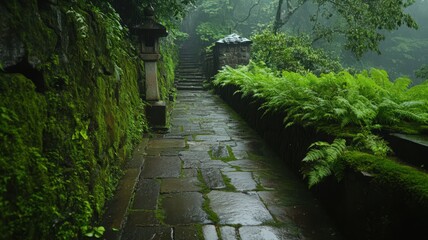 Fototapeta premium Rainy Day at Lush Green Stone Pathway with Ancient Lanterns