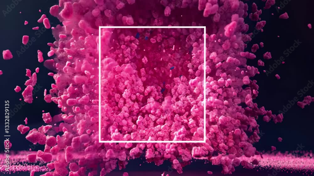 Poster Abstract formation of pink particles within a square frame highlighting dynamic movement, 4K abstract particles with copy or logo square frame CGI