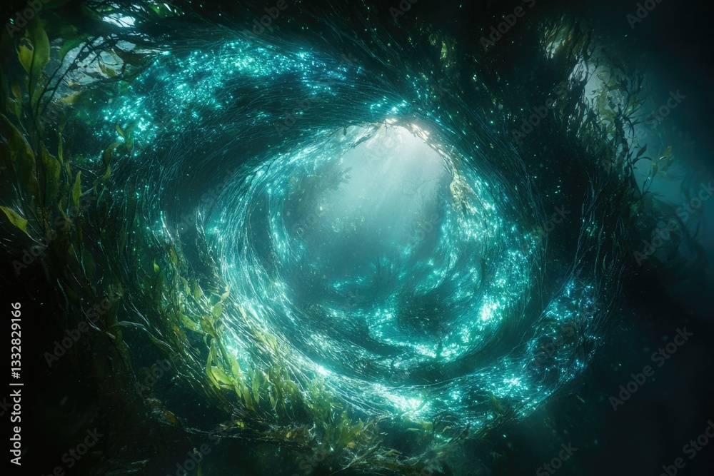 Poster An underwater vortex of bioluminescent kelp forest creating a mesmerizing swirling effect.