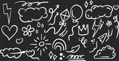 School doodle illustration set. Back to school elements and icons. Children education hand drawn drawings Black Board Chalk