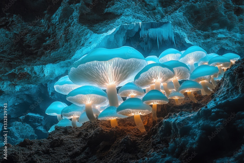 Poster glowing bioluminescent mushrooms illuminate a dark cave, creating an ethereal, magical scene.