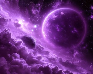 Obraz premium A vibrant purple depiction of nebulae and several planetary bodies