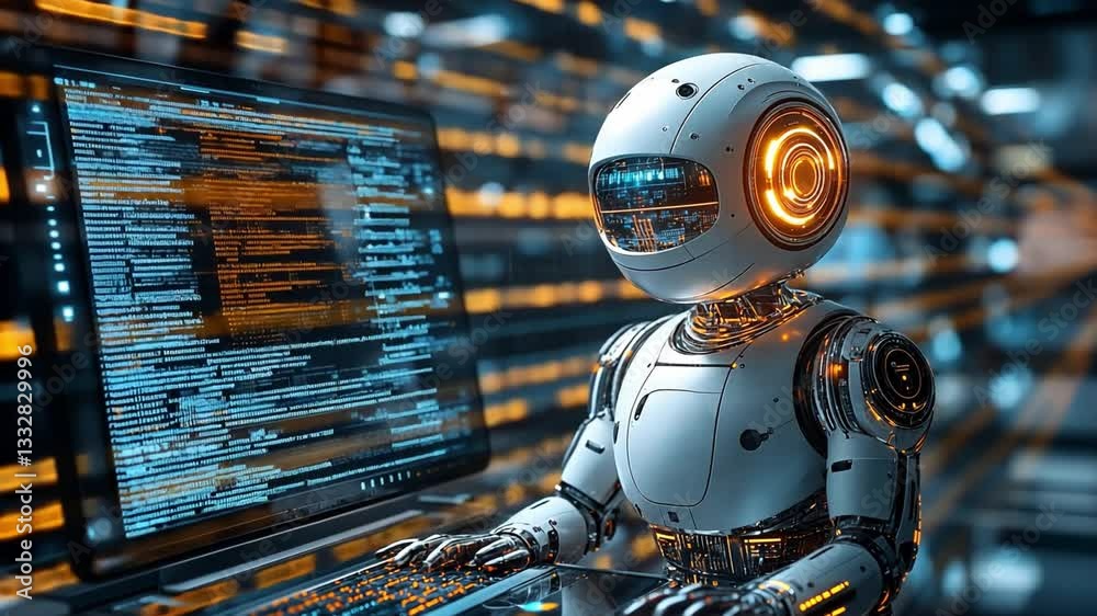 Poster futuristic robot interacting with a computer in a high-tech data center during nighttime