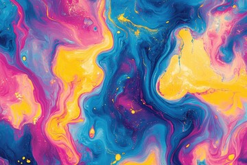 Abstract vibrant swirls of blue, pink, and yellow paint create a mesmerizing, fluid artwork.
