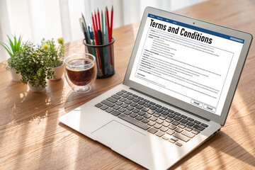 Digital legal contract provide terms and conditions document on computer screen ready for online...