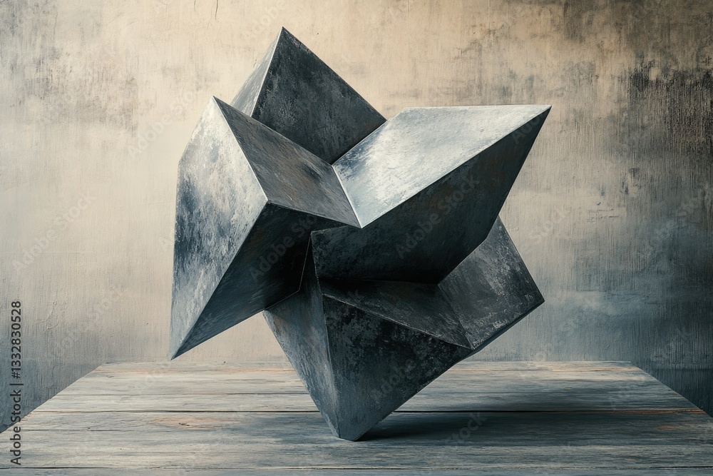 Poster Abstract metallic sculpture, geometric shapes interlocked, creating a complex, visually intriguing form.