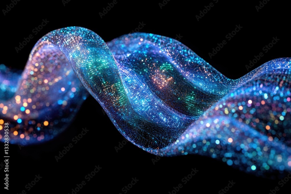 Poster a mesmerizing digital wave of vibrant blue and teal hues, shimmering with countless sparkling partic