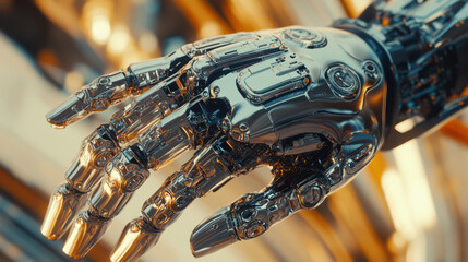 Naklejka na ściany i meble A close-up of a robotic hand with intricate mechanical details, fingers slightly curled as if analyzing data, soft single-color background