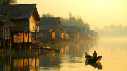 Fototapeta premium Building and Architecture Riverside Architecture: Villages by the river often feature unique architecture, with homes and buildings situated along the banks. 