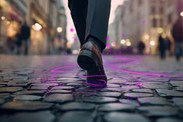 Fototapeta premium A businessman's foot steps on a cobblestone street, leaving a trail of purple light.