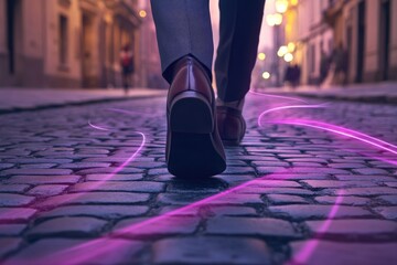Fototapeta premium A person in dress shoes walks on a cobblestone street at dusk, glowing pink light trails behind them.