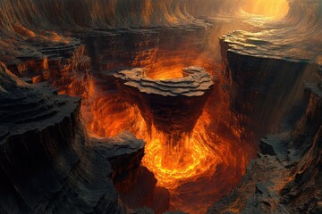 A fiery volcanic chasm with a central rock formation, glowing lava filling the deep canyon.