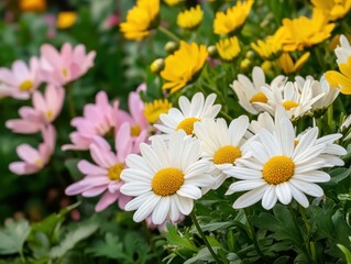 Vibrant Garden of Colorful Daisies and Bright Yellow Flowers in Bloom Surrounded by Lush Green Foliage Capturing the Essence of Springtime Beauty