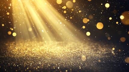 Golden sparkles and light rays, abstract background
