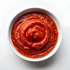 Arrabbiata sauce in a wooden bowl. Spicy Italian tomato sauce for pasta, made from tomatoes, garlic and dried red chili peppers, cooked in olive oil. Vegan sugo. Close-up over white, macro food photo