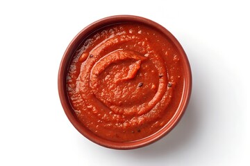 Arrabbiata sauce in a wooden bowl. Spicy Italian tomato sauce for pasta, made from tomatoes, garlic and dried red chili peppers, cooked in olive oil. Vegan sugo. Close-up over white, macro food photo