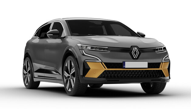 Izmir, Turkey - Mar 14 2025: Transparent background, gray Renault Megane E-Tech at a front right angle, highlighting its LED headlights and modern grille in a detailed 3D render.