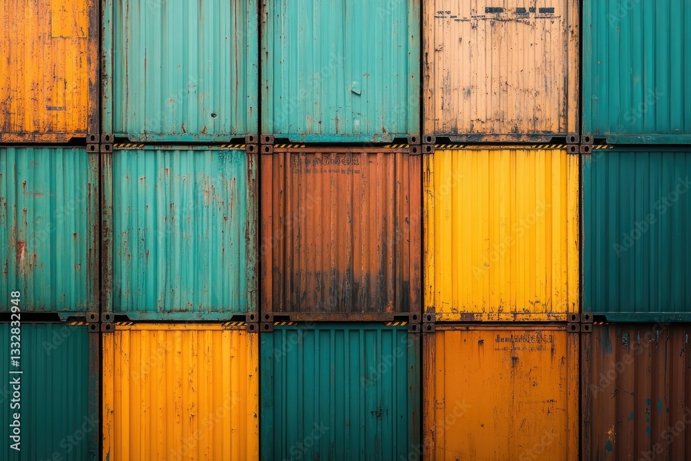 Poster A colorful array of stacked shipping containers, showcasing diverse hues and textures of weathered metal.