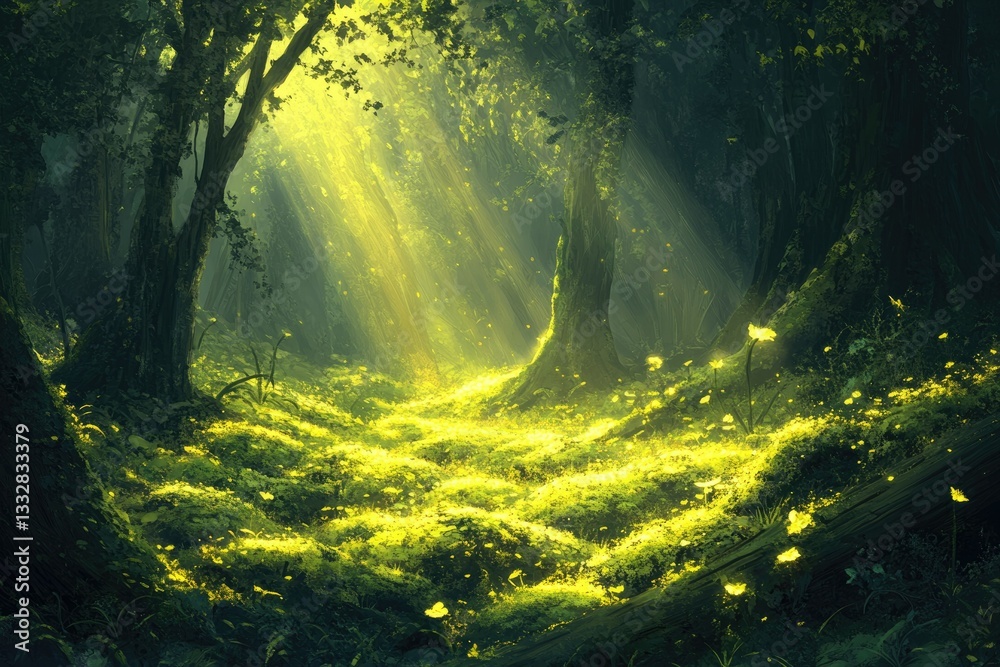 Poster sunbeams illuminate a mystical forest floor carpeted with glowing moss and wildflowers.