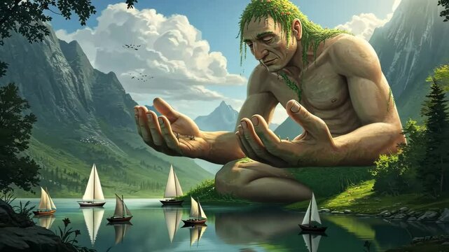 Giant humanoid figure interacting with a tiny boat in nature.