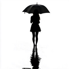 Young woman with umbrella walks in the rain in wet street. Silhouette, monchrome, reflection. Isolated, cut out, white background