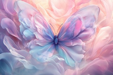 Obraz premium A delicate pastel butterfly with translucent wings rests amidst soft, floral clouds.