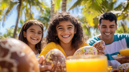 Joyful brazilian family celebrating easter outdoors with smiles and painted eggs
