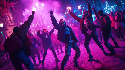 Dramatic night scene from verges dance with skeleton costumes and vibrant lights