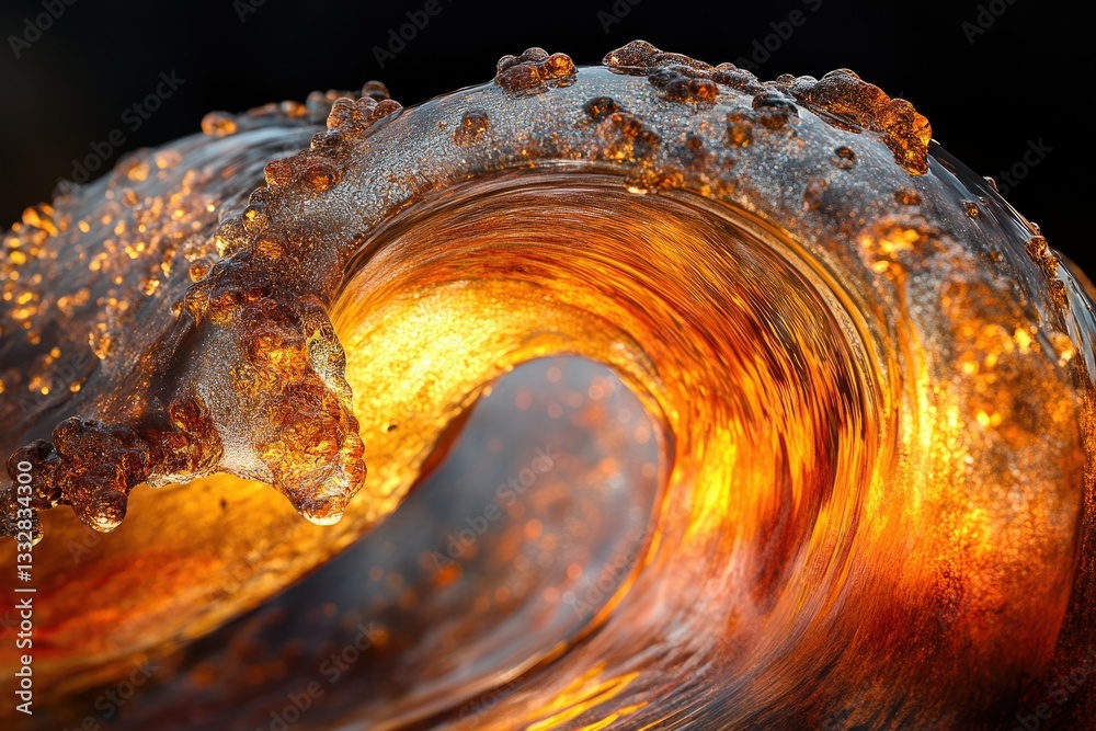 Poster a mesmerizing amber wave, frozen in time, showcasing intricate details and glowing light.