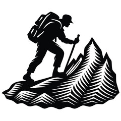 Man hiking mountain with stick silhouette, Black silhouette of a man climbing a mountain