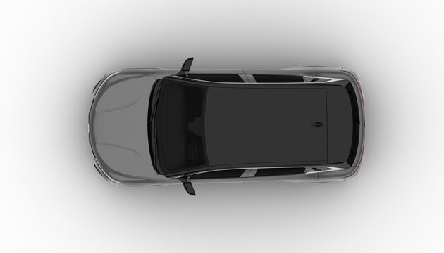 Izmir, Turkey - Mar 14 2025: Transparent background, gray Renault Megane E-Tech top-down view, showcasing its sleek roof design and aerodynamics in a detailed 3D render.